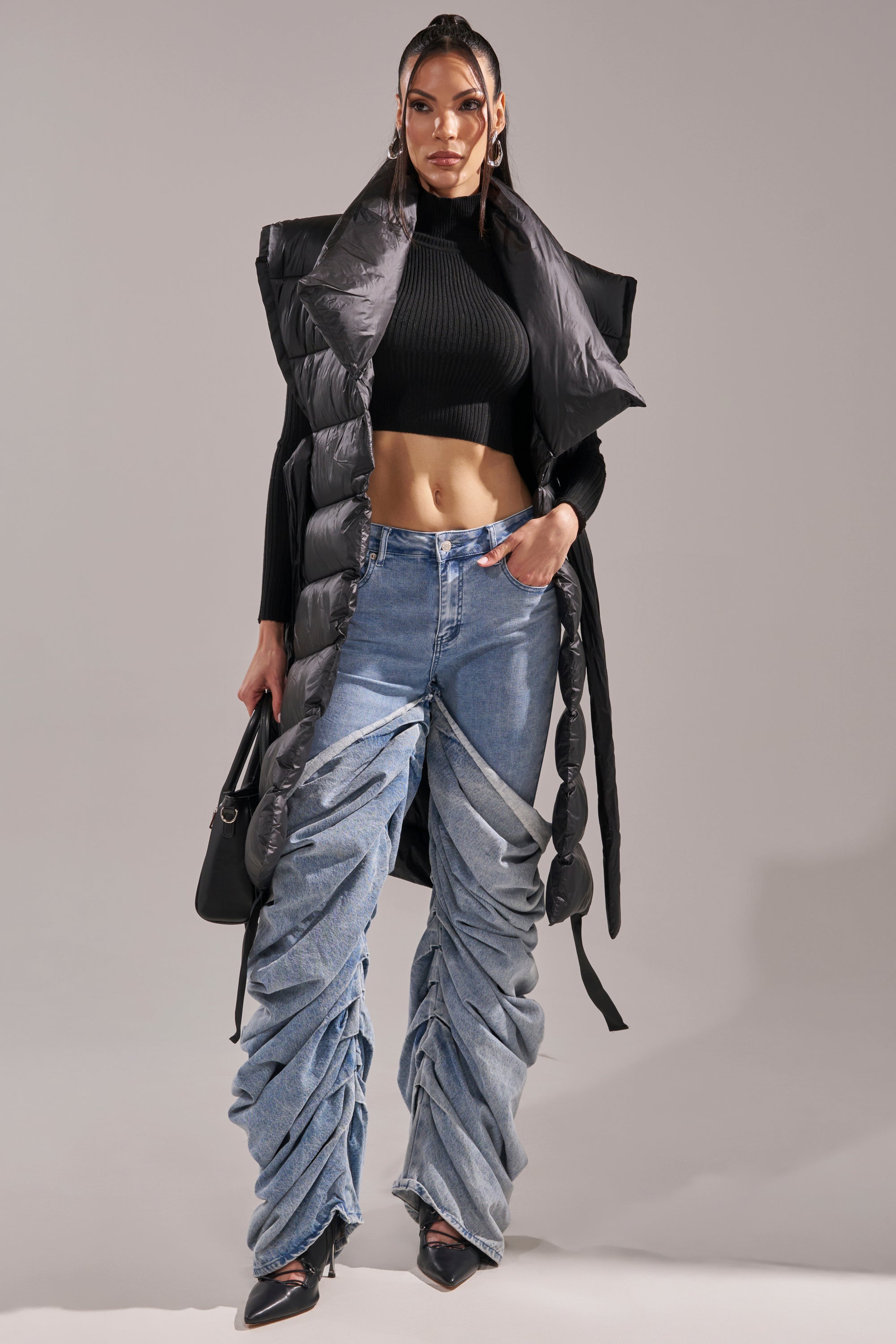 PILOT JONES LONG LINE PUFFER VEST IN BLACK