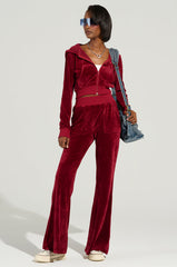 VELOUR GALORE FLARED  LEG JOGGER IN BURGUNDY