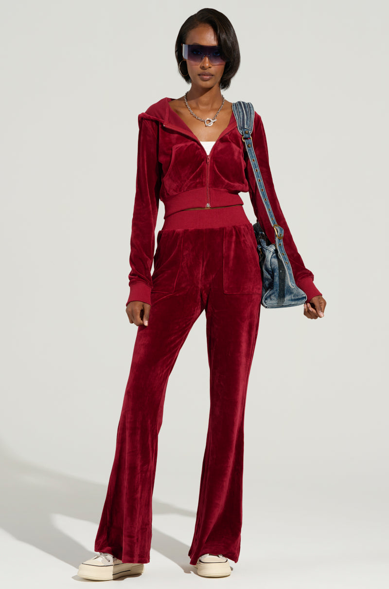 VELOUR GALORE FLARED  LEG JOGGER IN BURGUNDY