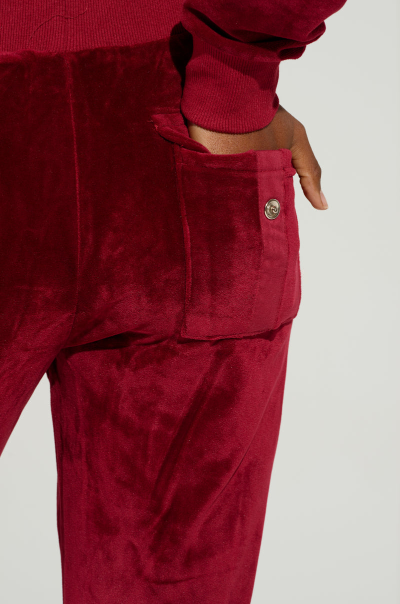 VELOUR GALORE FLARED  LEG JOGGER IN BURGUNDY