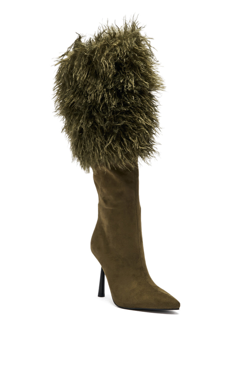 AZALEA WANG VENDRISS OLIVE STILETTO FUR BOOTIE