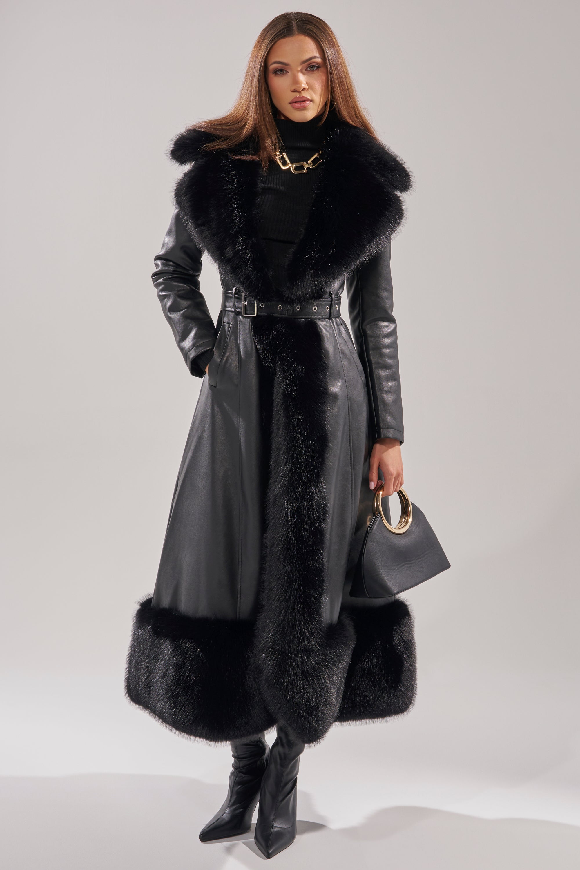 VIVAN LONG PU TRENCH WITH FAUX FUR TRIM