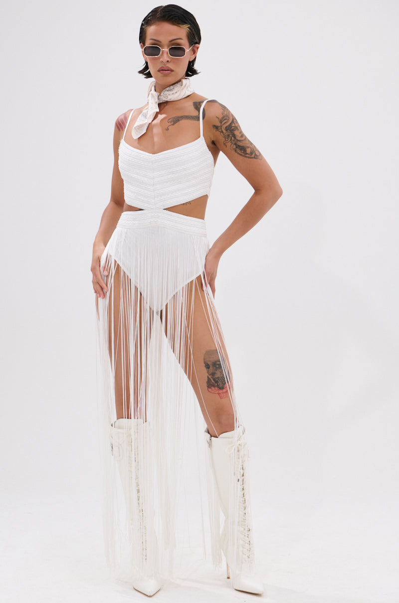RODEO READY FRINGE MAXI DRESS IN WHITE