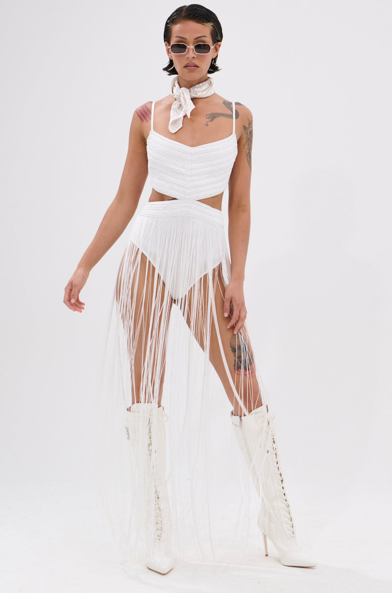 RODEO READY FRINGE MAXI DRESS IN WHITE