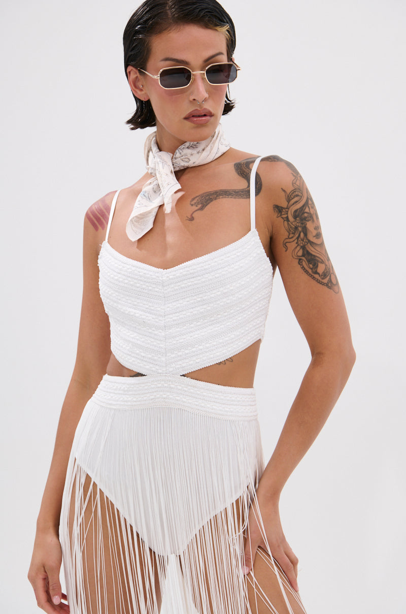 RODEO READY FRINGE MAXI DRESS IN WHITE