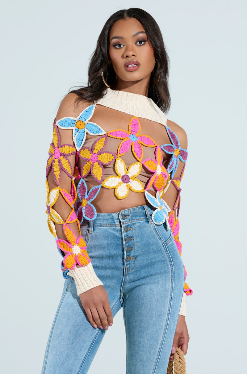 SPRING CUTOUT FLORAL MOCK NECK SWEATER