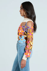 SPRING CUTOUT FLORAL MOCK NECK SWEATER