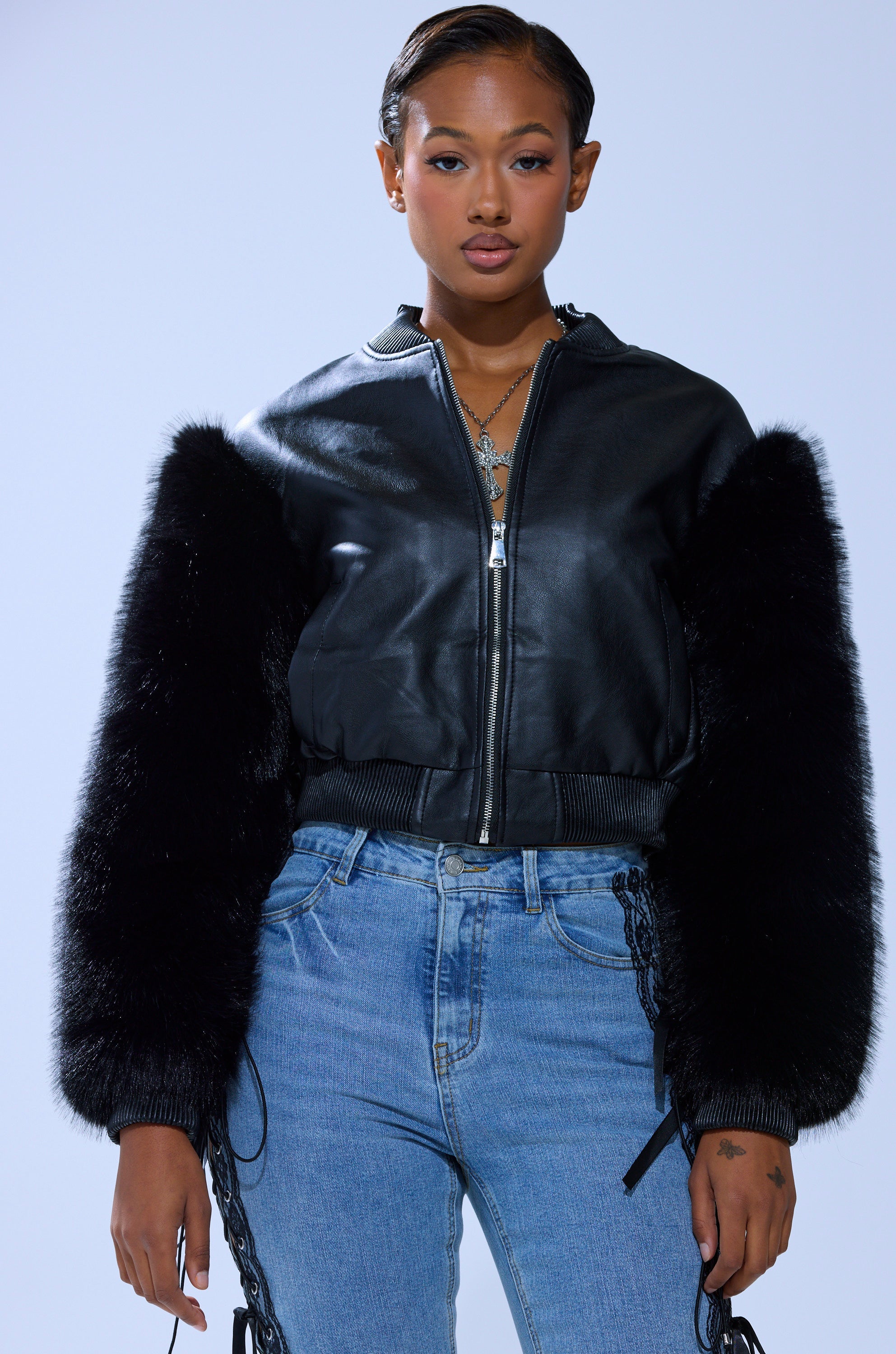 SO GOOD IT HURTS FUR SLEEVE BOMBER IN BLACK