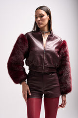 SO GOOD IT HURTS FUR SLEEVE BOMBER IN BURGUNDY