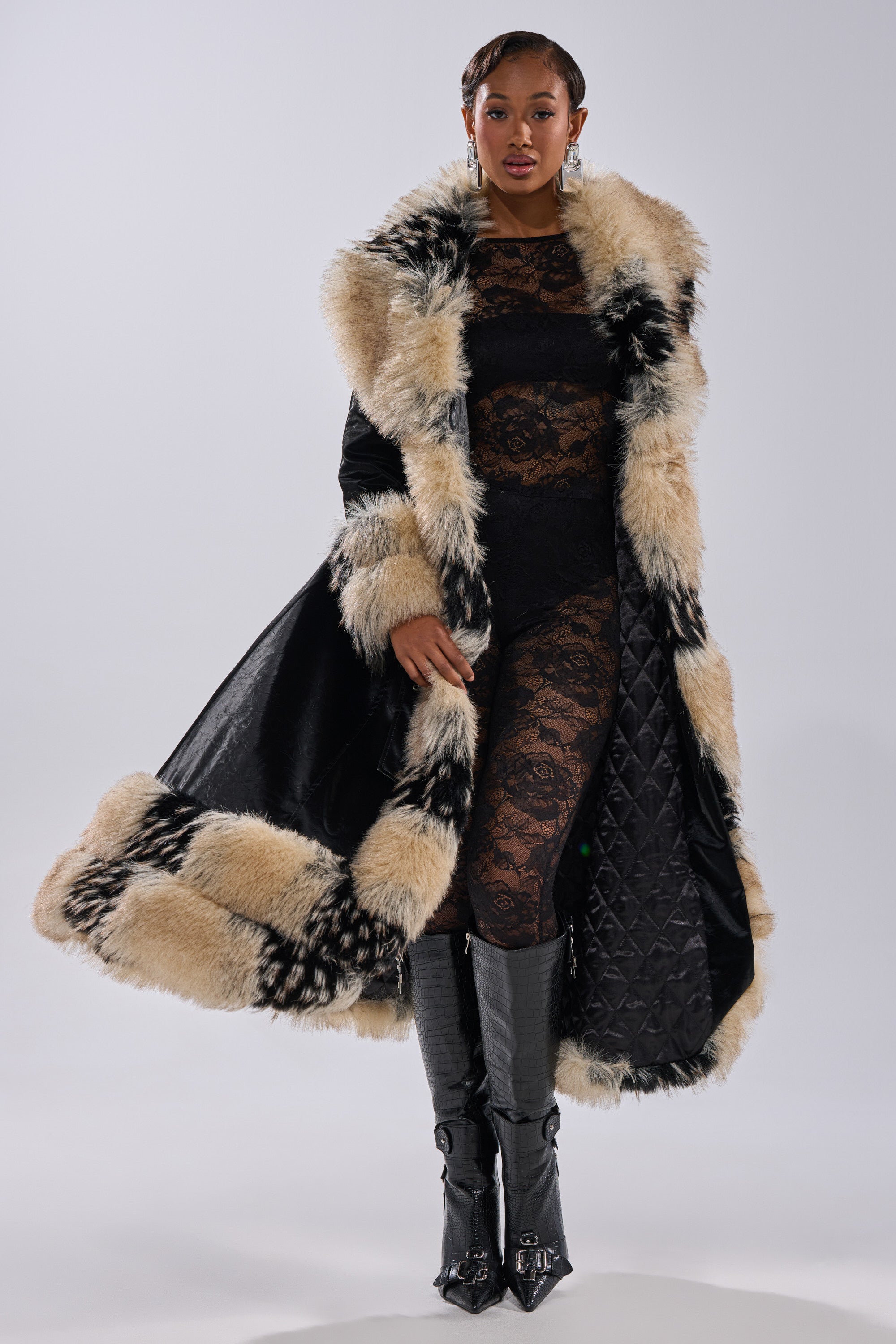 VIVIAN FUR TRIM TRENCH IN LIQUID VELVET