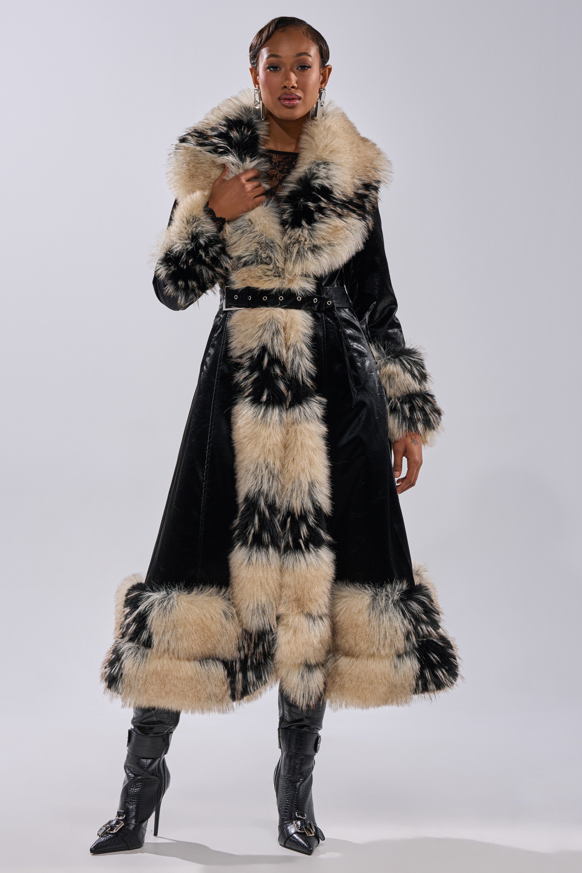 VIVIAN FUR TRIM TRENCH IN LIQUID VELVET