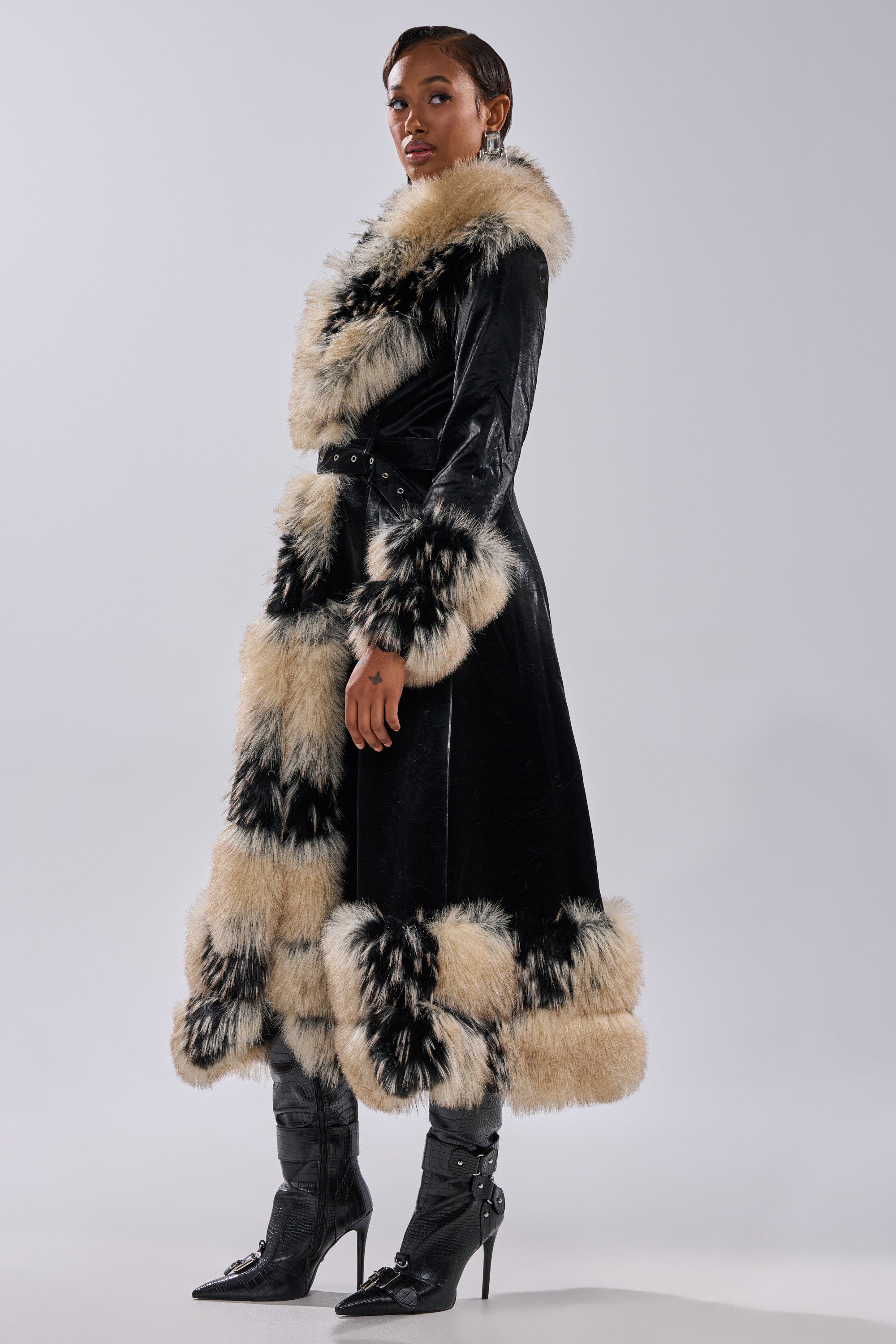 VIVIAN FUR TRIM TRENCH IN LIQUID VELVET