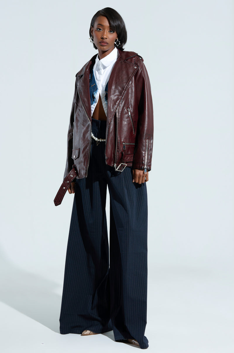 ON THE GO FUR TRIM MOTO IN BURGUNDY