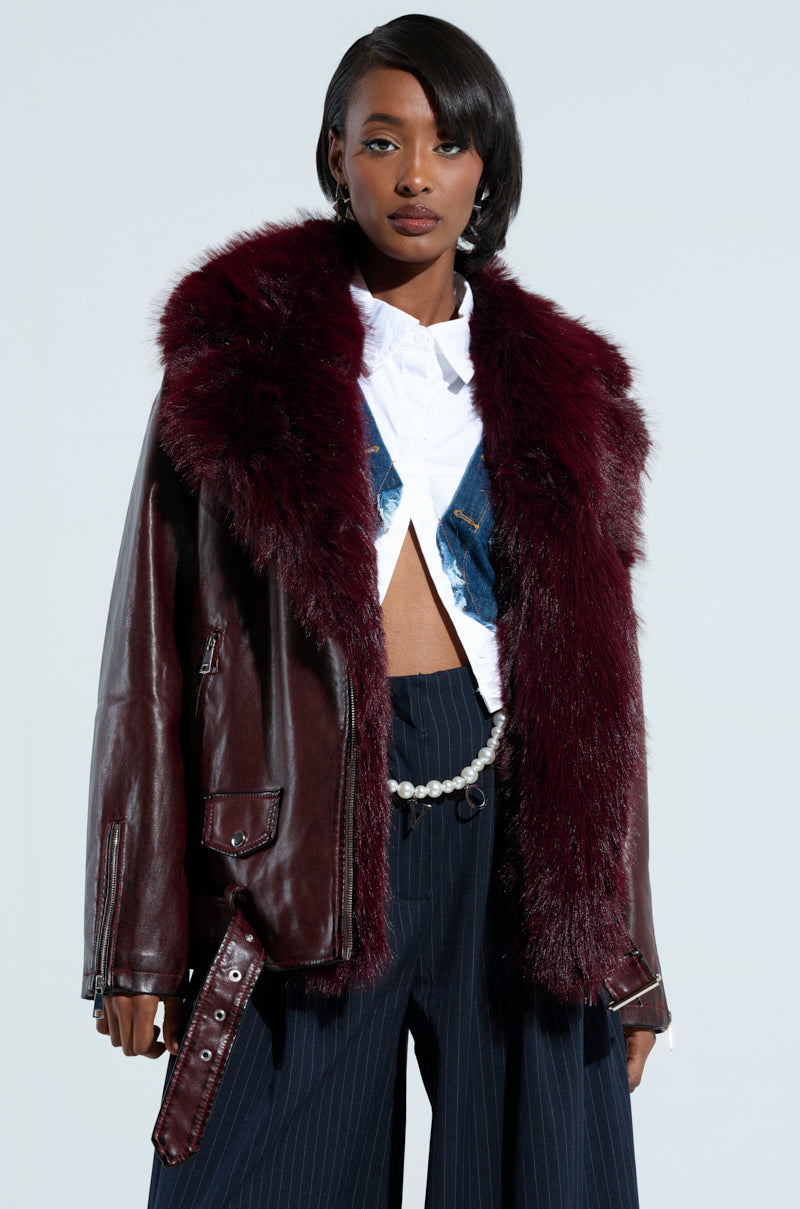 ON THE GO FUR TRIM MOTO IN BURGUNDY