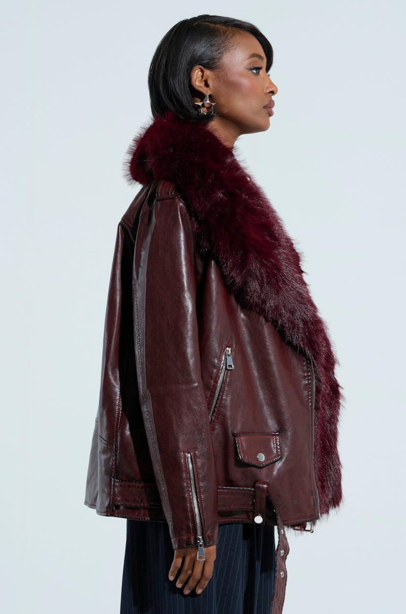 ON THE GO FUR TRIM MOTO IN BURGUNDY
