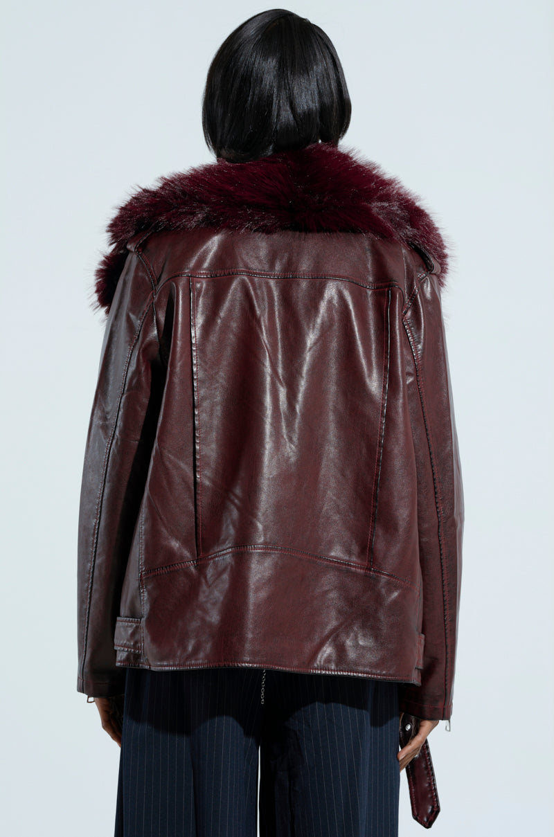 ON THE GO FUR TRIM MOTO IN BURGUNDY