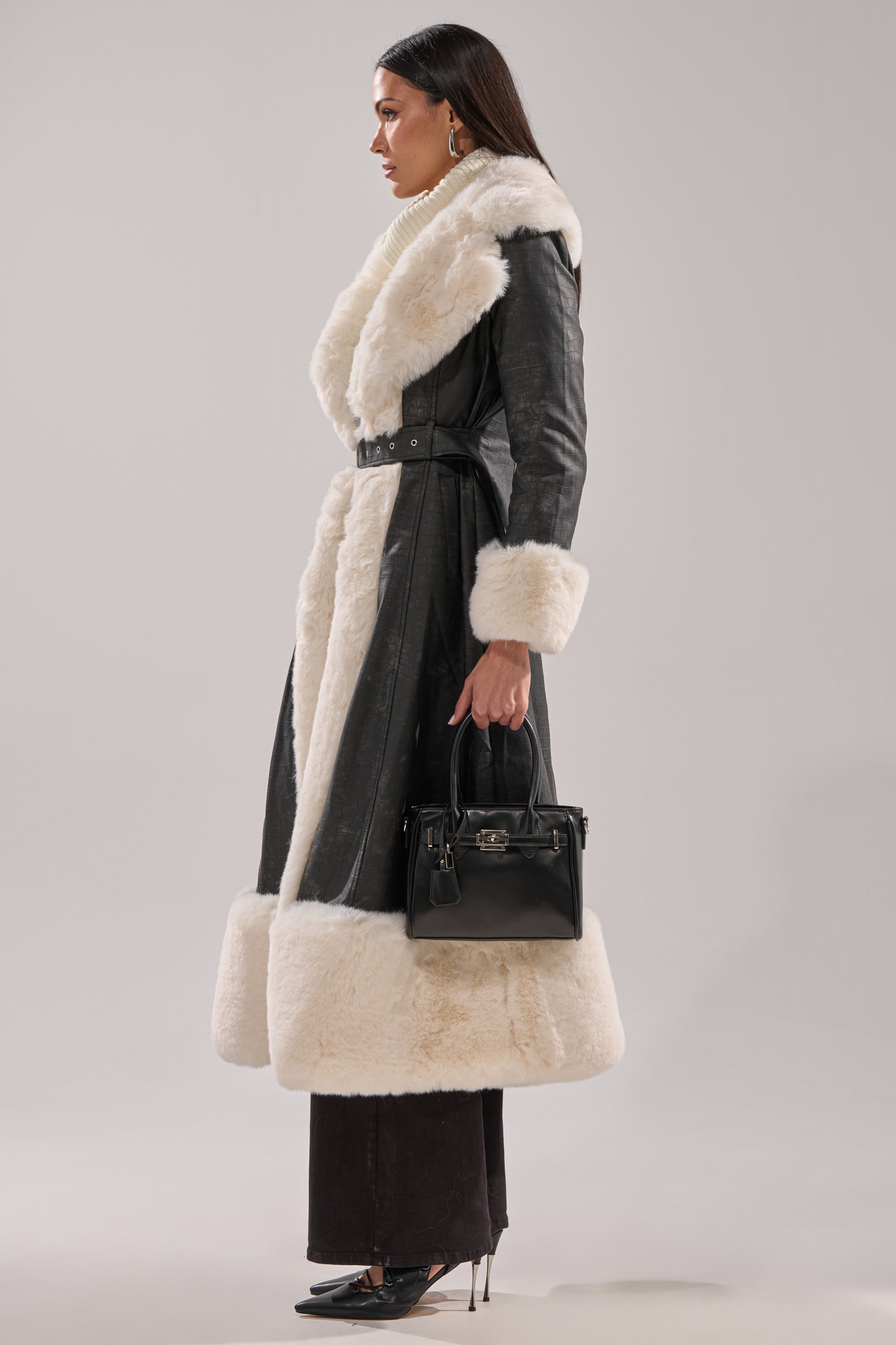 VIVIAN FUR TRIM TRENCH IN GREY