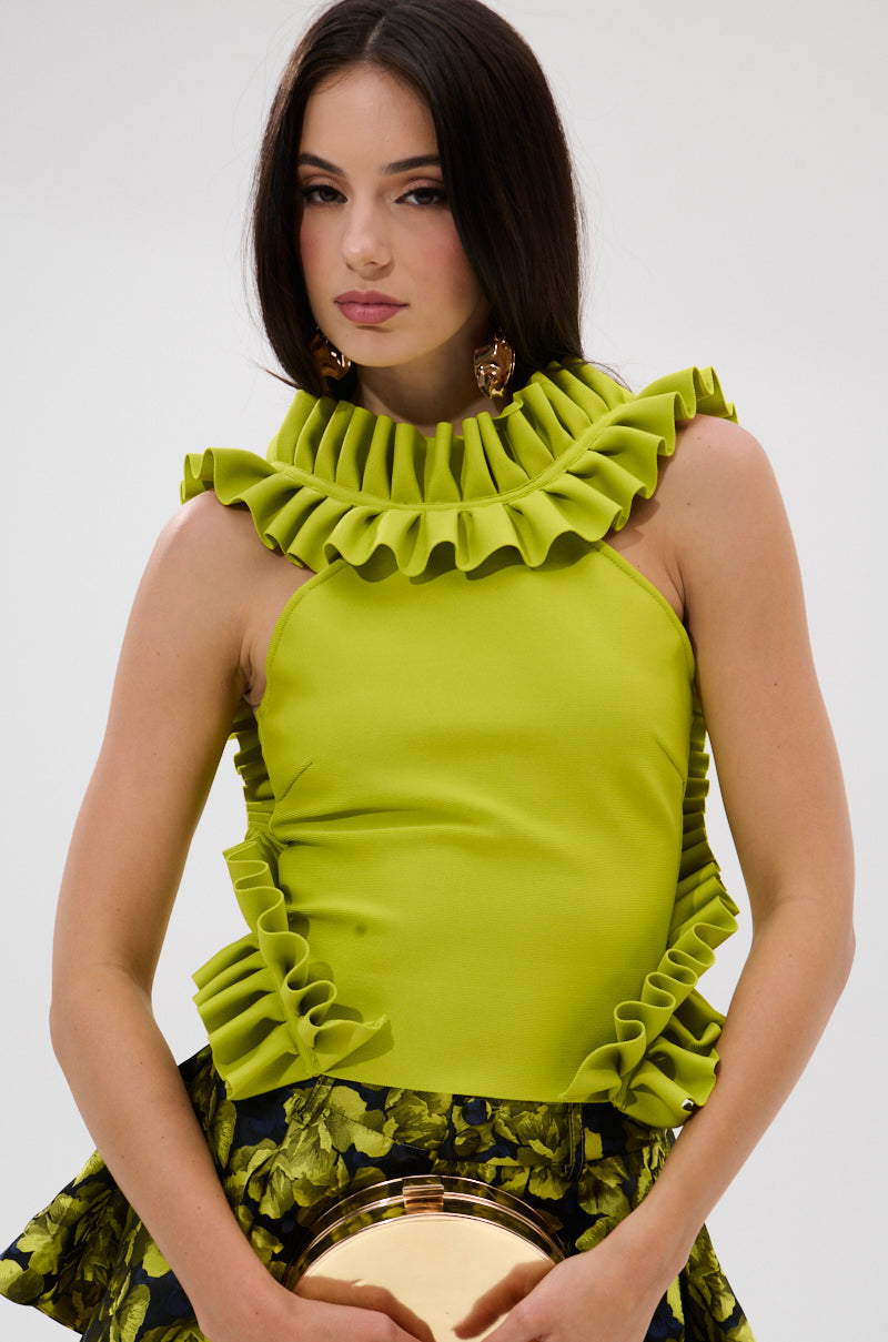 BAROQUE MOCK NECK TOP IN CHARTREUSE