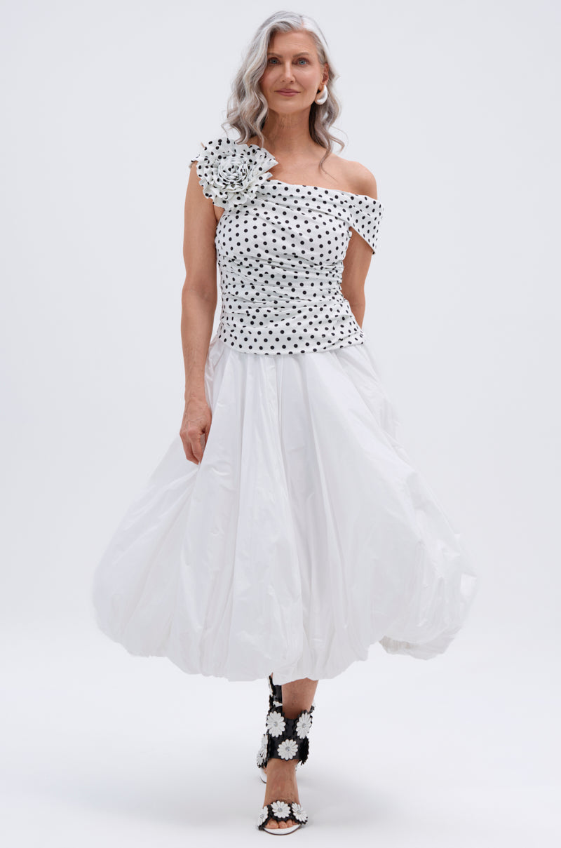 RUCHED POLKA DOT OFF THE SHOULDER TOP