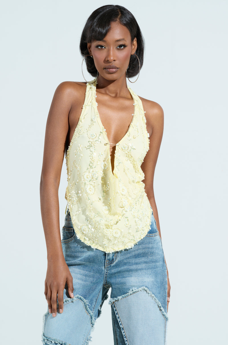 SHINE BRIGHT BABY YELLOW SEQUIN HALTER TOP