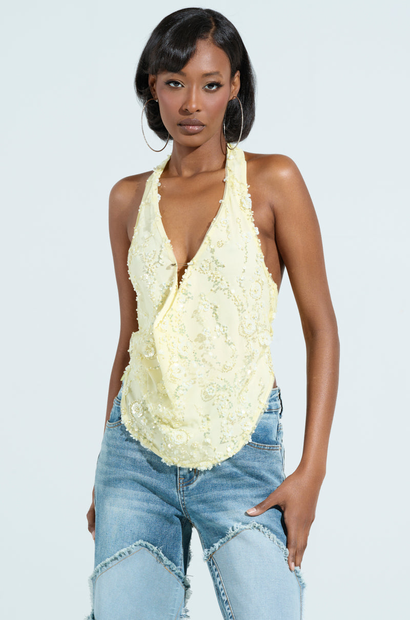 SHINE BRIGHT BABY YELLOW SEQUIN HALTER TOP