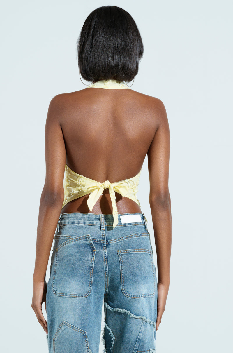 SHINE BRIGHT BABY YELLOW SEQUIN HALTER TOP