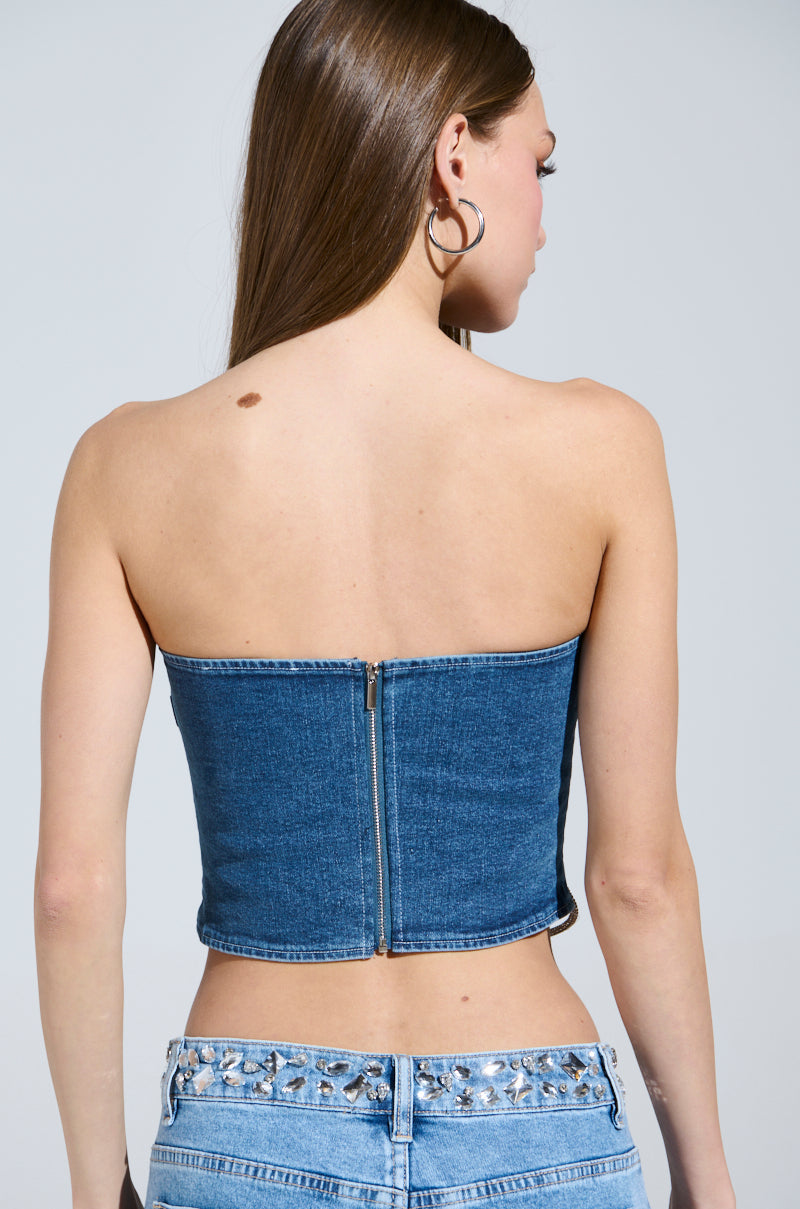 WOBBLY RHINESTONE DENIM CORSET TOP