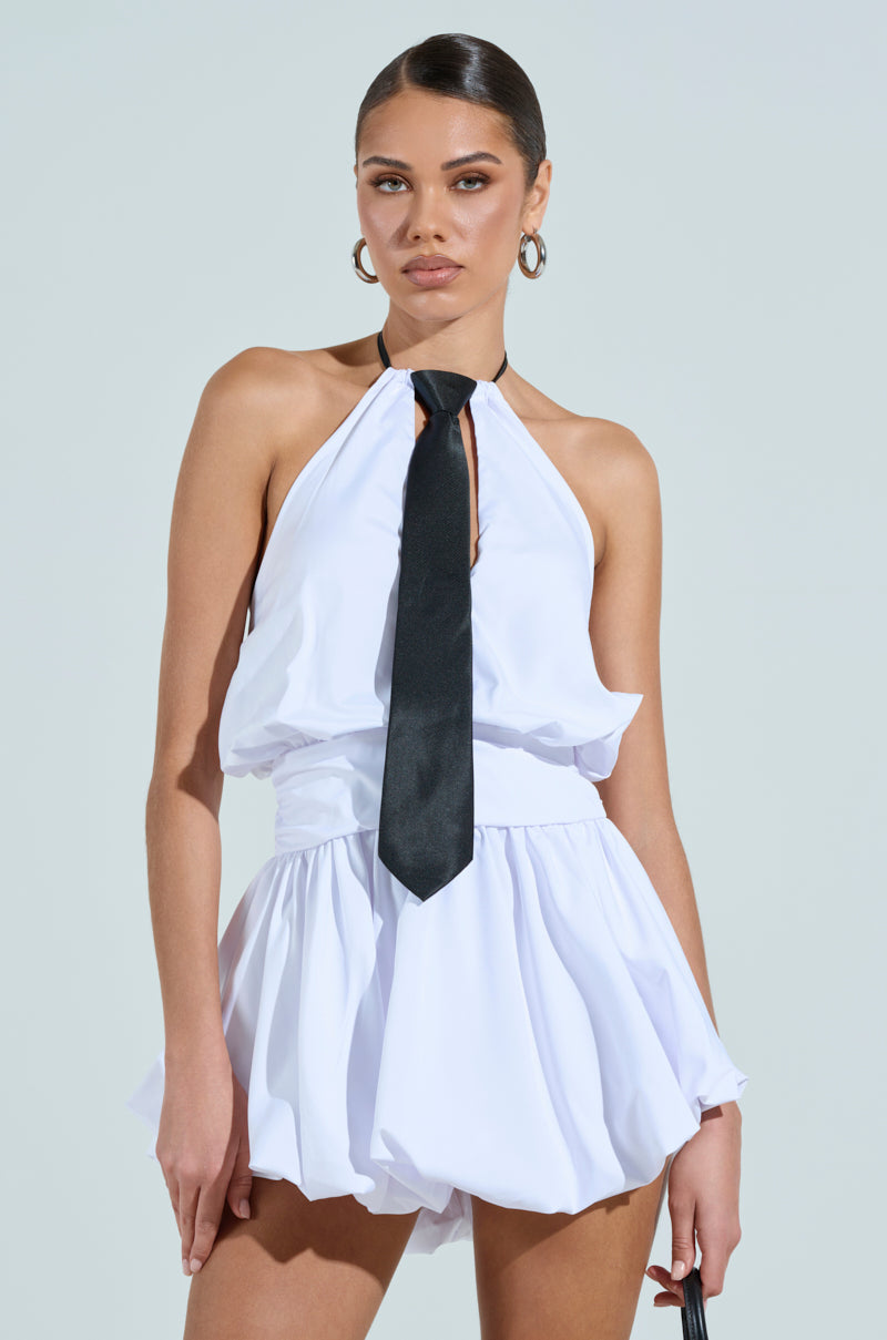 OUT OF OFFICE MINI BUBBLE DRESS WITH TIE