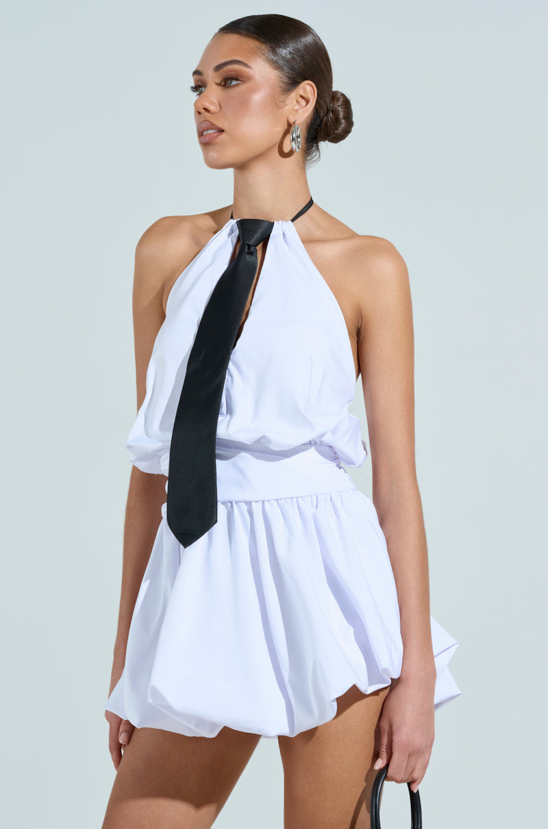 OUT OF OFFICE MINI BUBBLE DRESS WITH TIE