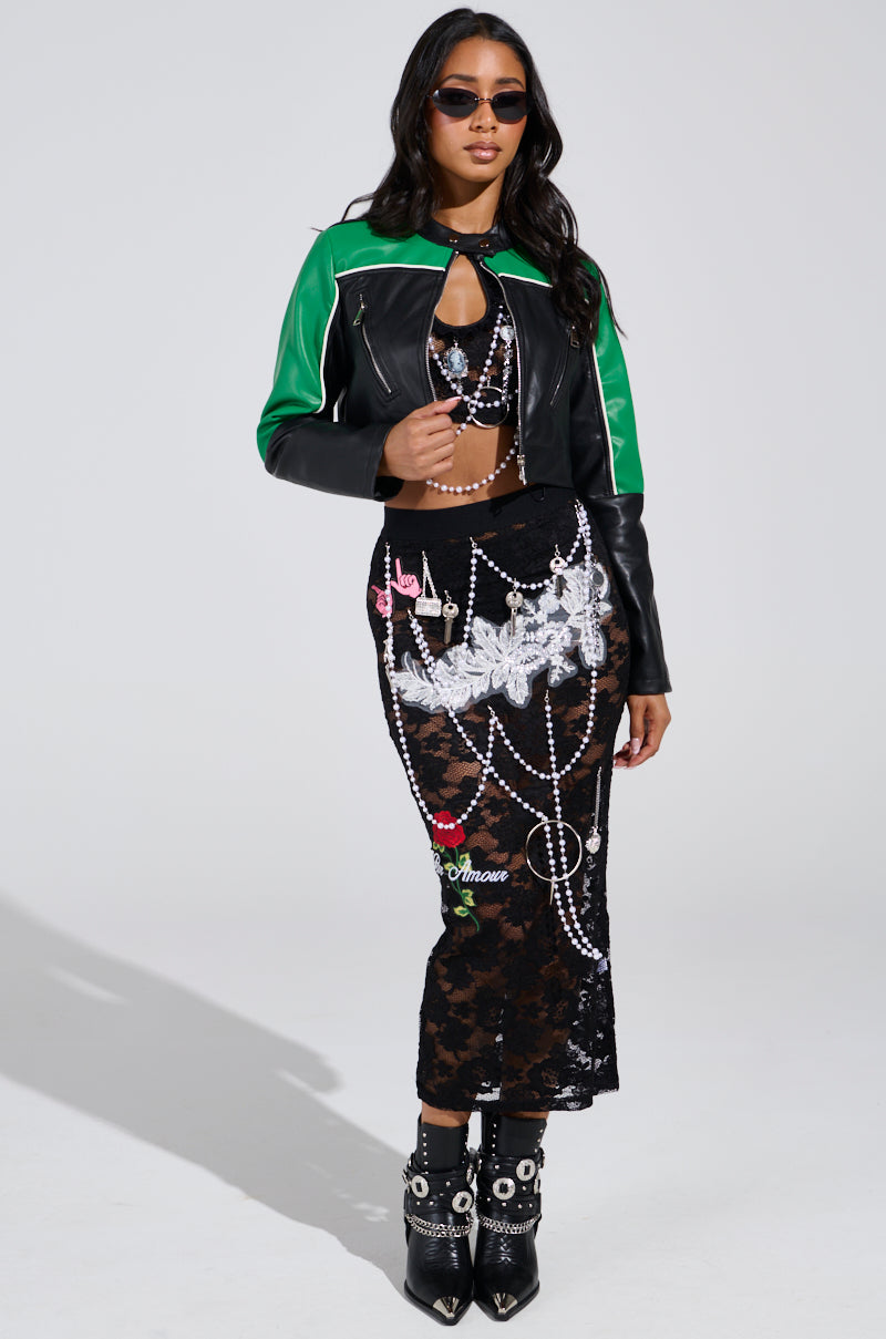 CONTROLLED CHAOS LACE MIDI SKIRT