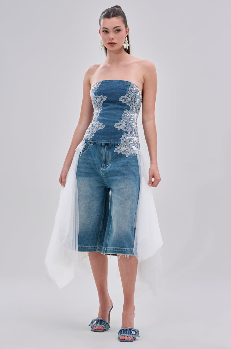 NO DRAMA STRETCH DENIM LACE DETAILED CORSET