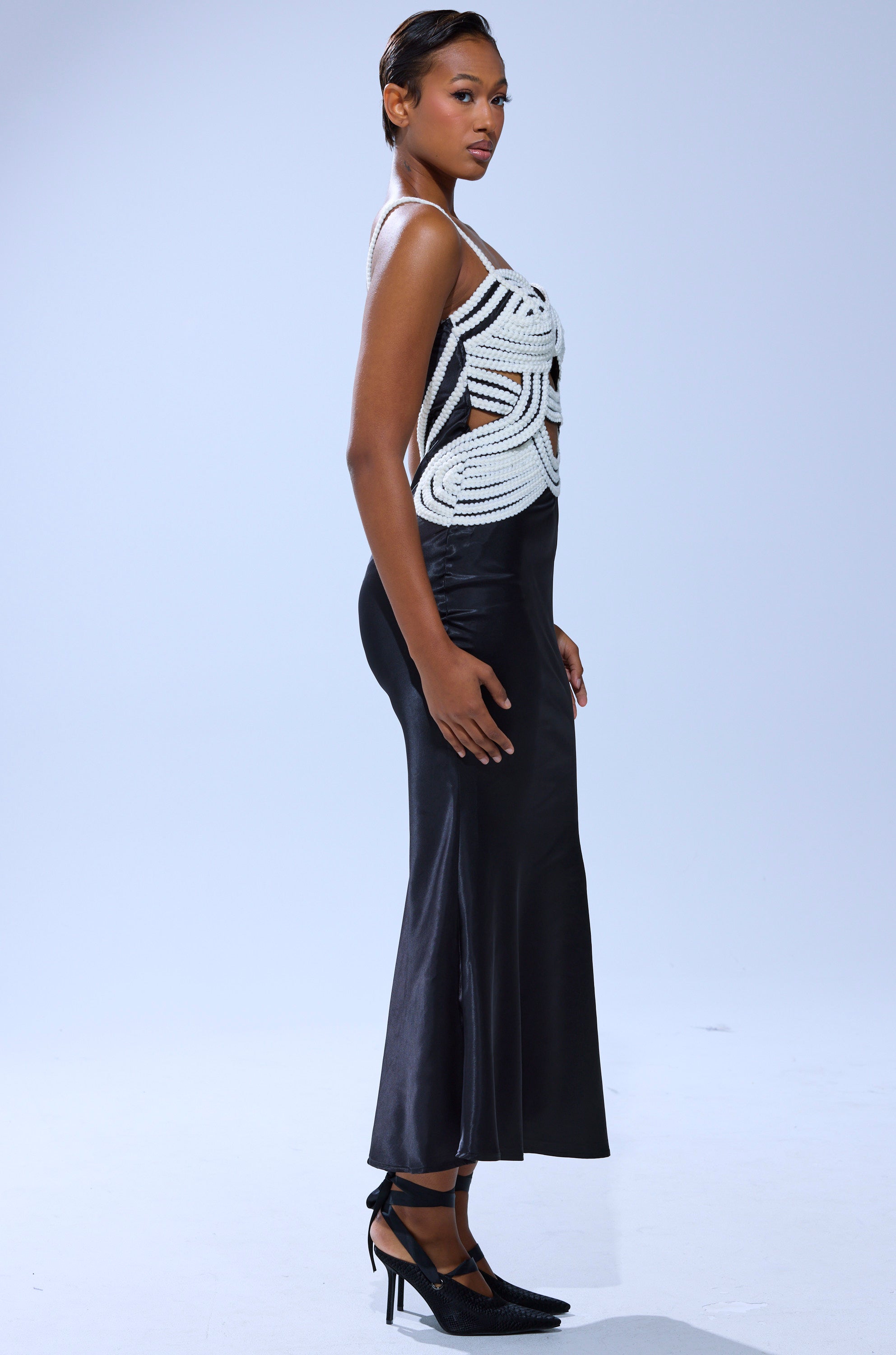 REGAL ROPE DETAIL SATIN MIDI DRESS