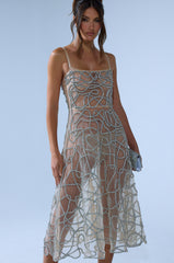 RIGHT THIS WAY RHINESTONE MIDI DRESS IN NUDE