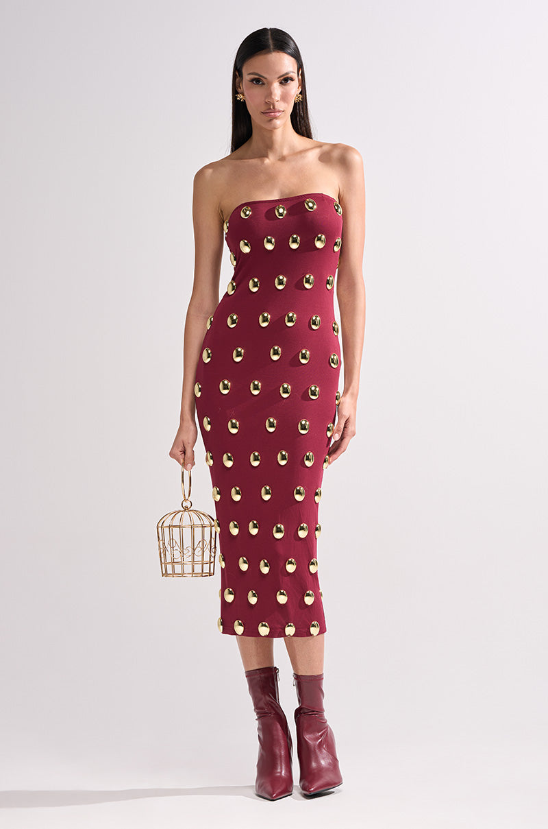 TIME AFTER TIME MIDI DRESS WITH METAL DETAILING IN BURGUNDY
