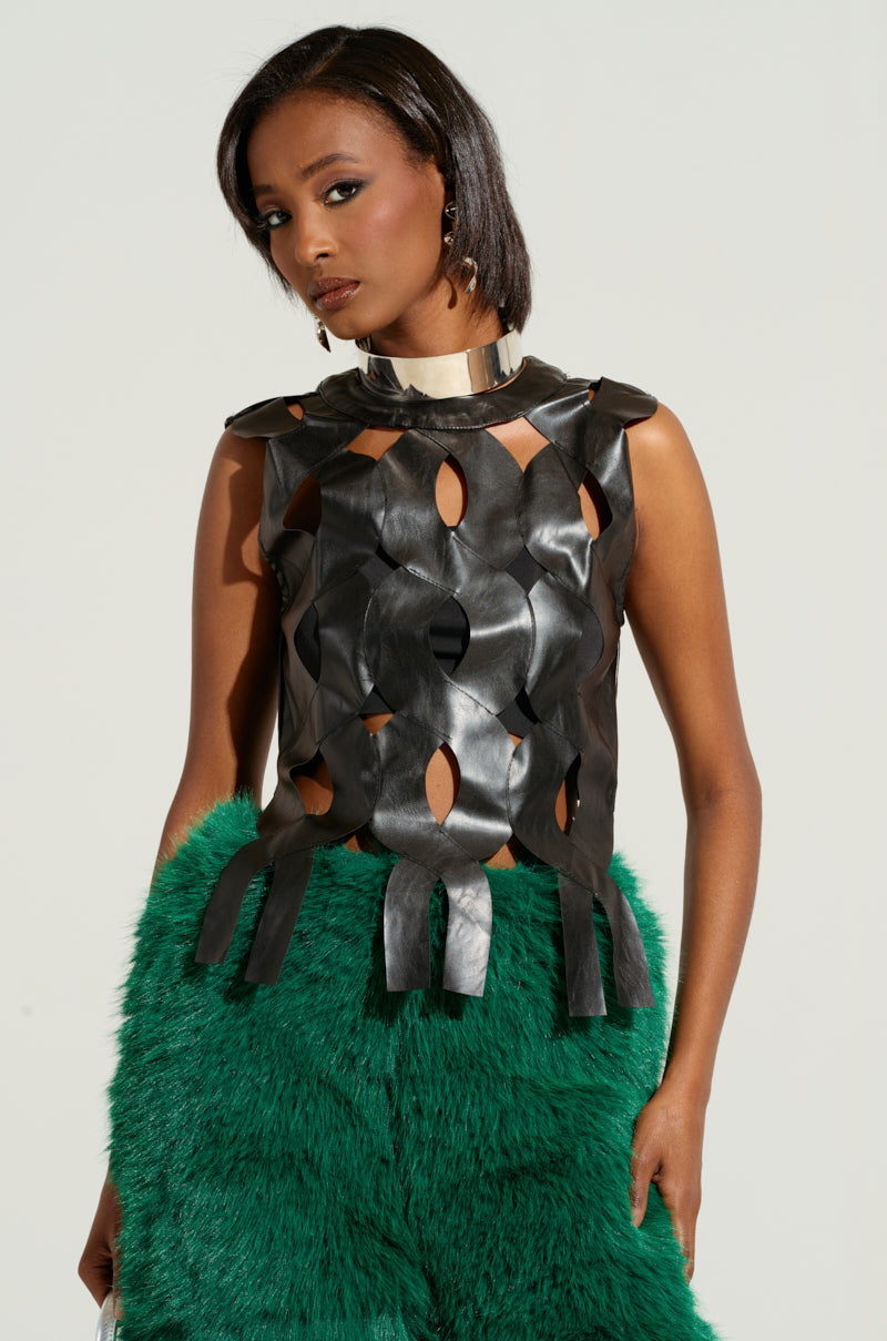 ON MY OWN WAVE CUT OUT FAUX LEATHER TOP IN PU