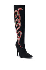 AZALEA WANG ZERAH BLACK EMBELLISHED SNAKE BOOT