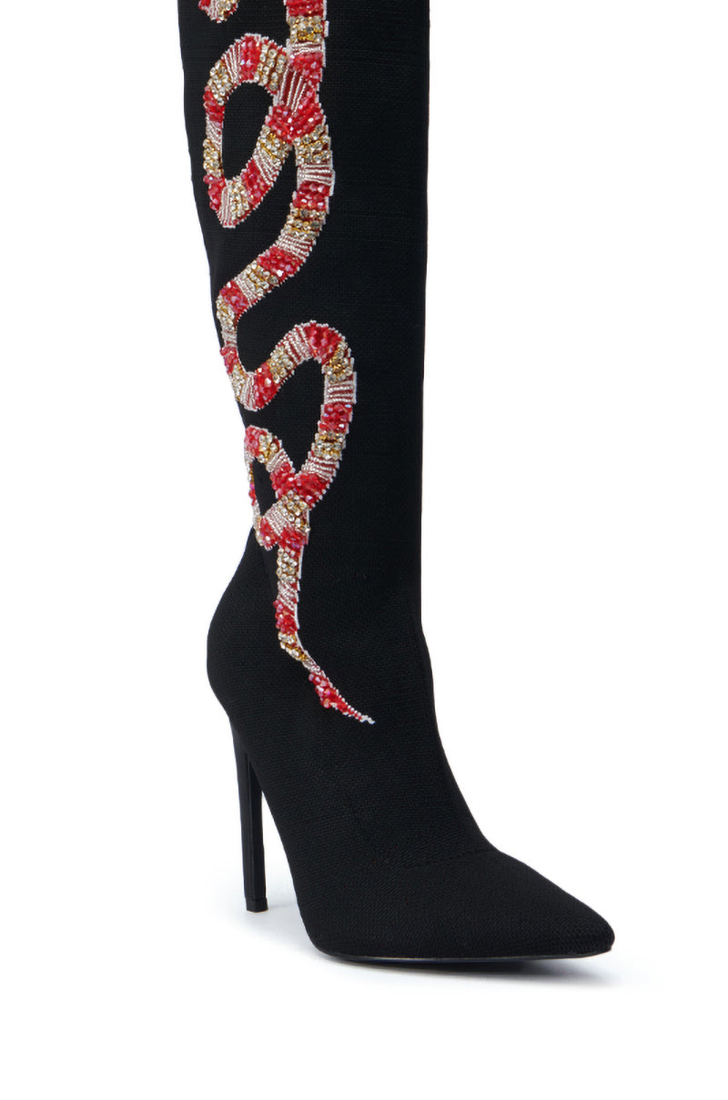 AZALEA WANG ZERAH BLACK EMBELLISHED SNAKE BOOT