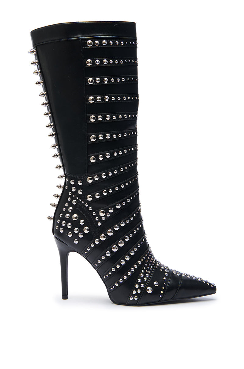AZALEA WANG ZOX BLACK RHINESTONE AND STUDDED BLACK BOOTIE