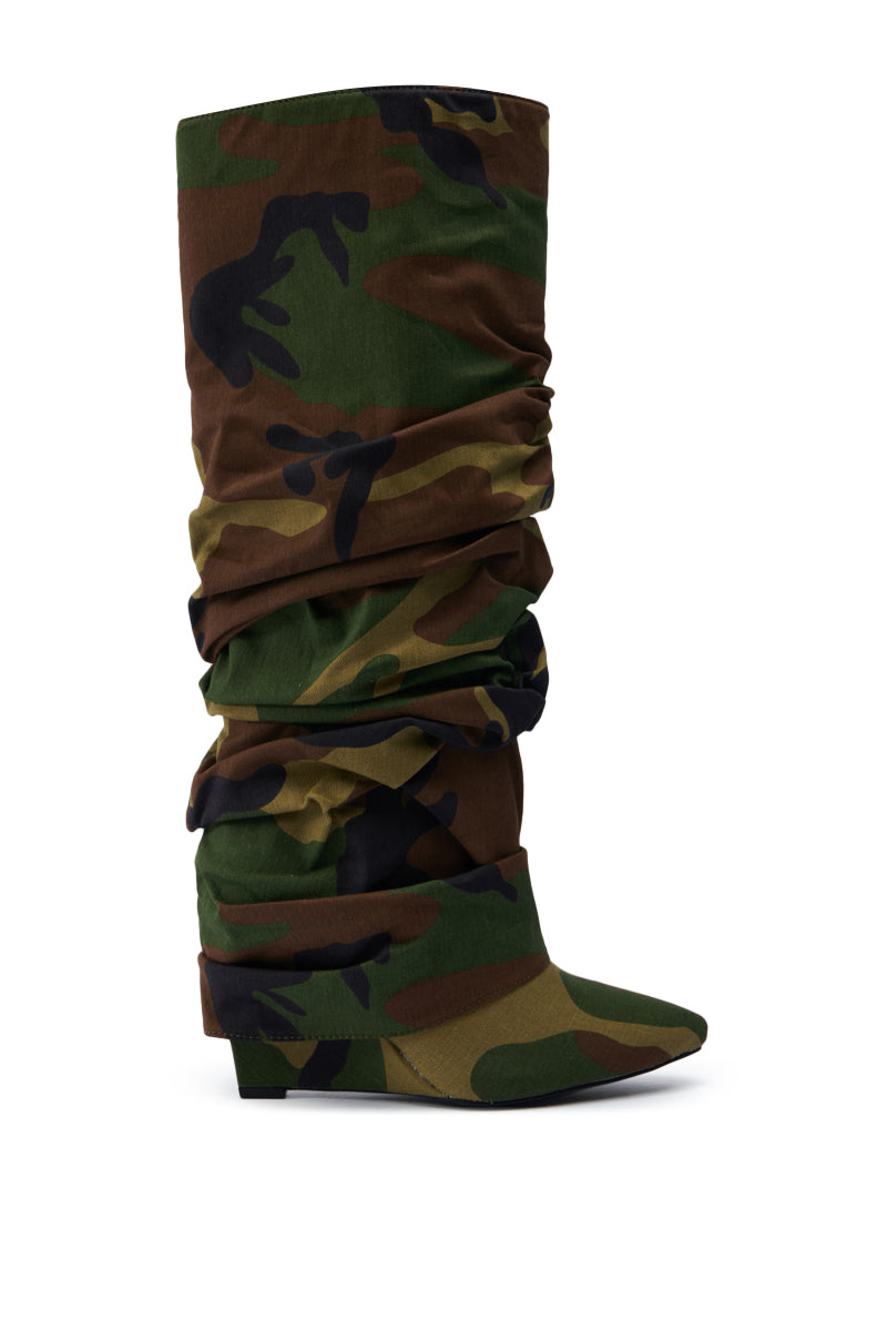 AZALEA WANG ZUMMA CAMO RUCHED WEDGE BOOT
