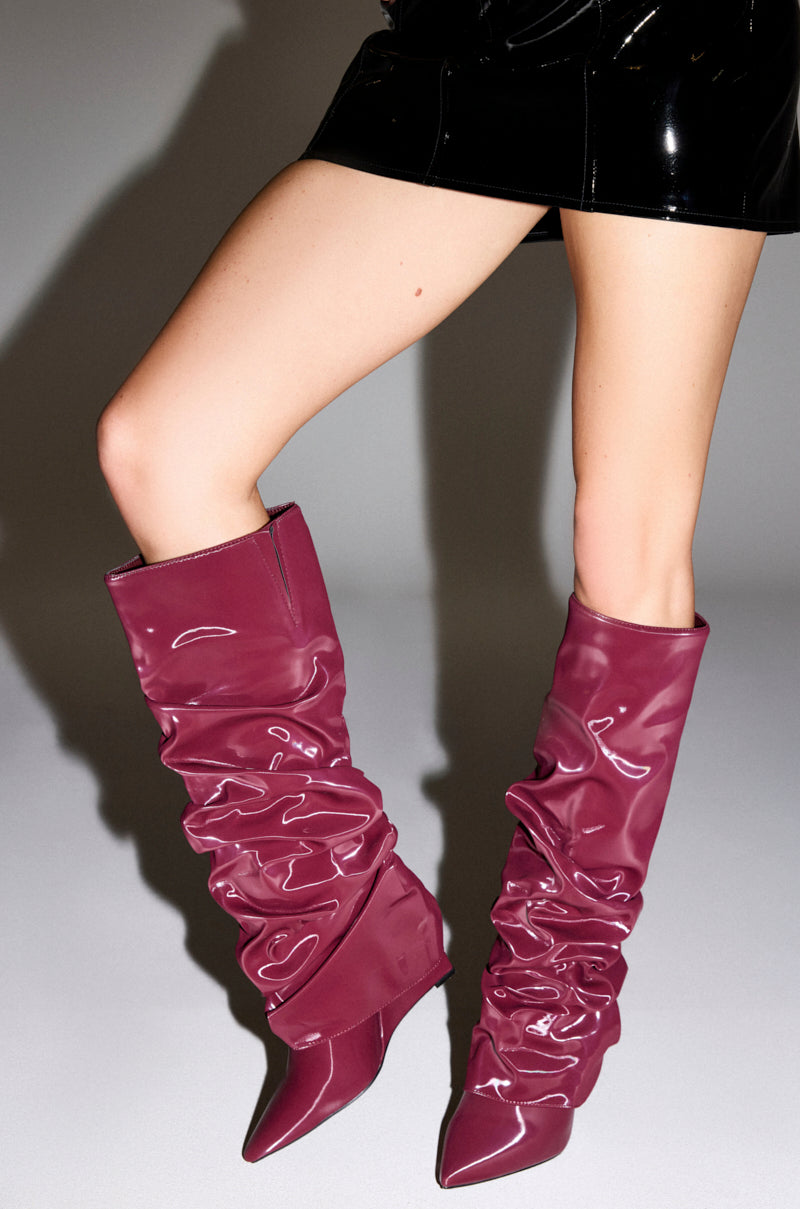 AZALEA WANG ZYLLA BURGUNDY PATENT WEDGE RUCHED BOOT
