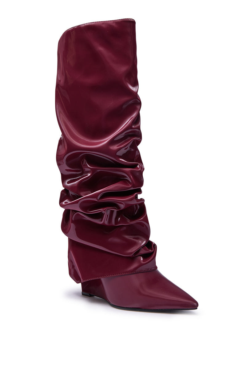 AZALEA WANG ZYLLA BURGUNDY PATENT WEDGE RUCHED BOOT
