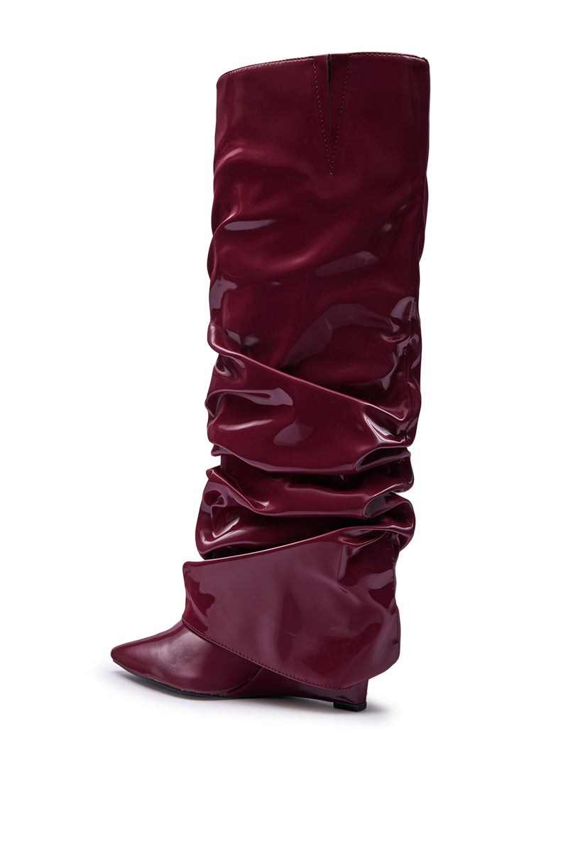 AZALEA WANG ZYLLA BURGUNDY PATENT WEDGE RUCHED BOOT