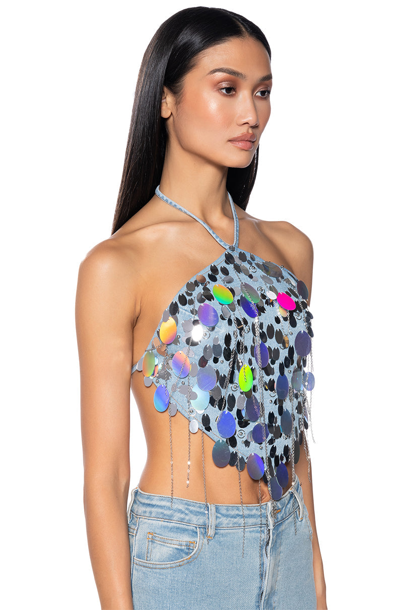 A GIRL NAMED LUCKY EMBELLISHED HALTER NECK TOP