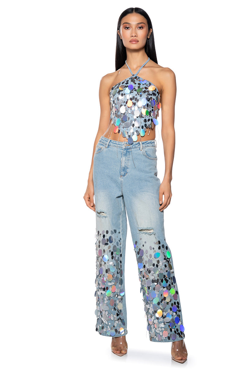 A GIRL NAMED LUCKY EMBELLISHED HALTER NECK TOP