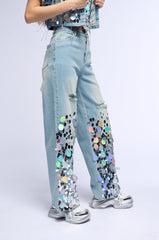 A GIRL NAMED LUCKY EMBELLISHED WIDE LEG RIPPED JEANS