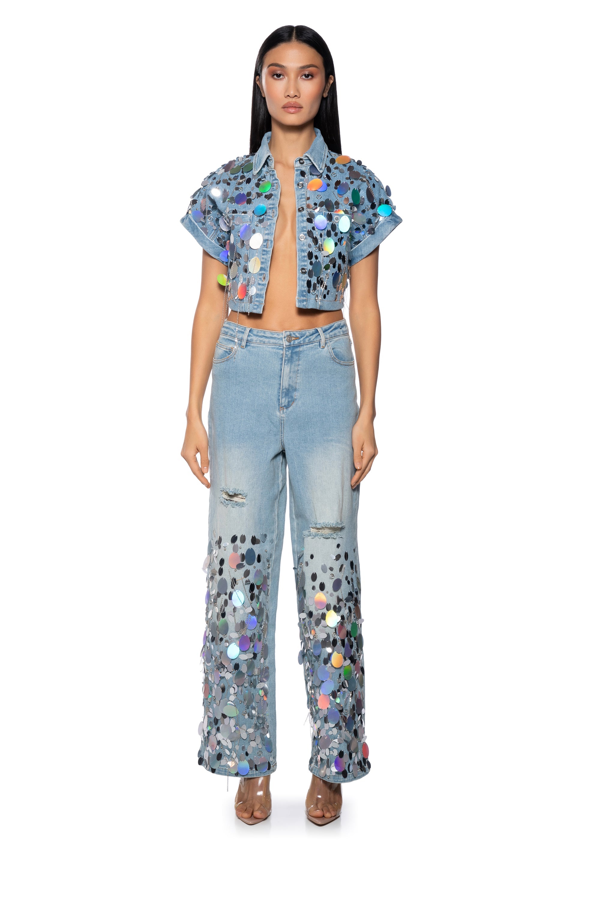 A GIRL NAMED LUCKY EMBELLISHED WIDE LEG RIPPED JEANS