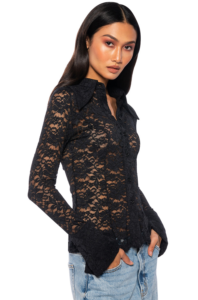 A SNEAK PEEK BUTTON DOWN LACE BLOUSE