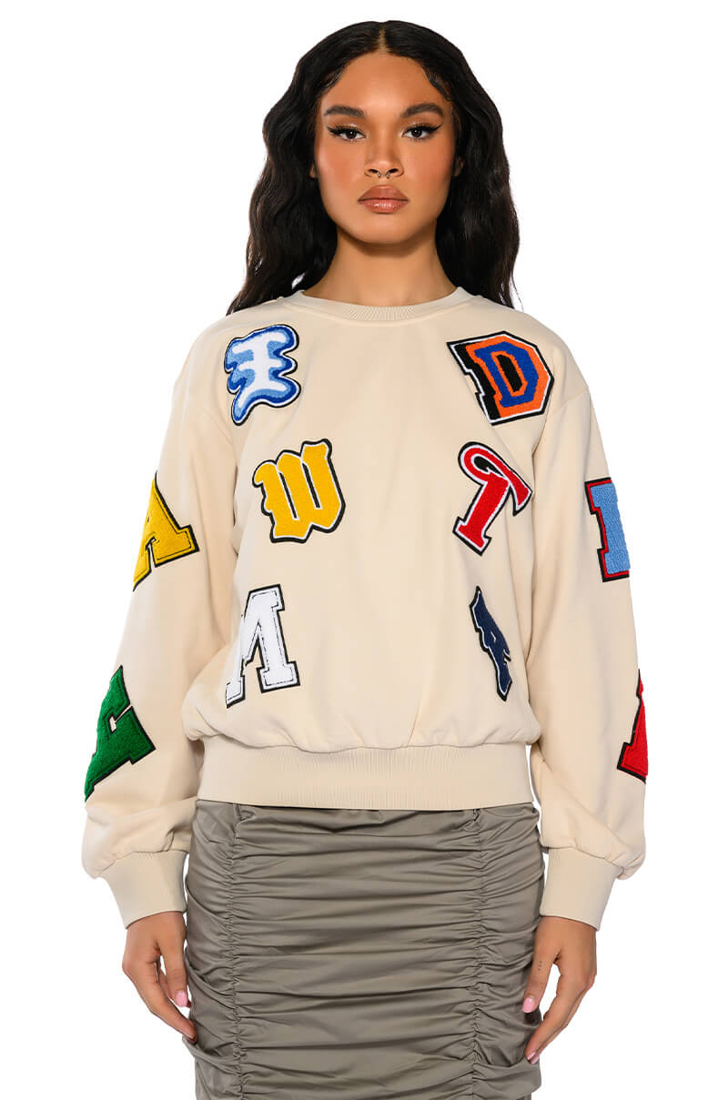 ABCDEFU PATCHWORK CREW NECK PULL OVER