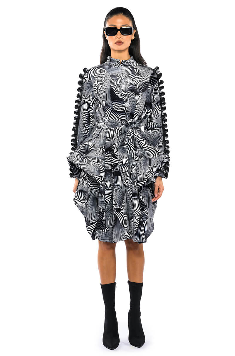 ABSTRACT PRINT BELTED LONG SLEEVE MINI DRESS