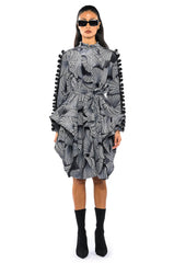 ABSTRACT PRINT BELTED LONG SLEEVE MINI DRESS